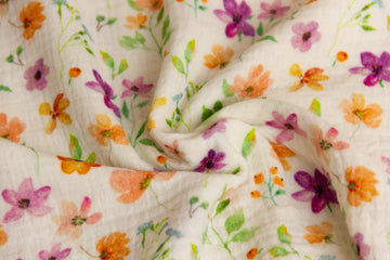 Musselin, Double Gauze, mit Sommerblumen, hellbeige, 0,5 m